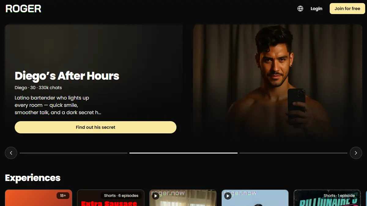 The ChatRoger homepage with its character gallery, profile preview and registration button.